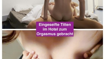He fucks my soaped tits after the shower in the hotel and brings me to orgasm.
