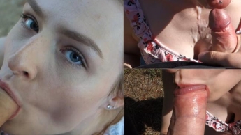 Sweet Kendra greedily blows my cock outdoors and gets warm white juice as a reward