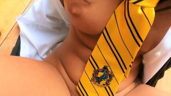 Wild sex on the table in Hufflepuff outfit