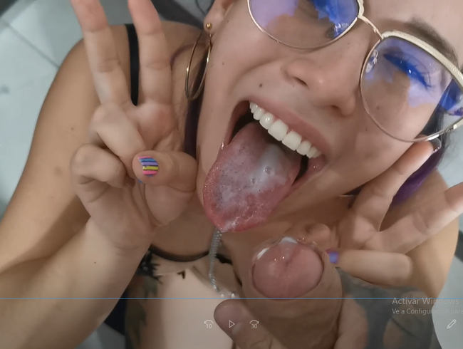 kawai sucking and fucking doing V sign, with cum in mouth