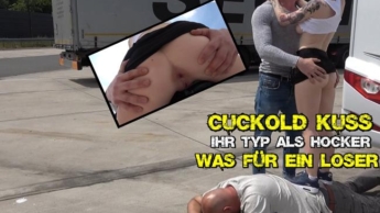 Cuckold kiss.Your guy as a stool..What a loser