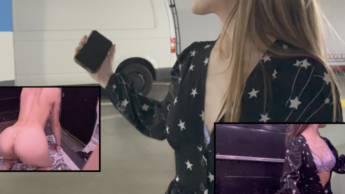 Public fuck in the van with the door open! Hot teen reciprocates in the parking garage?!?