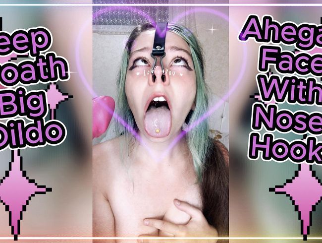 Deep Troath Big Dildo And Ahegao Face With Nose Hook