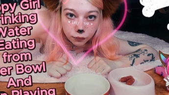 Cosplay Girl Drink And Eat From Her Bowl And Fun Playing