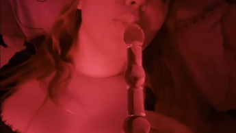 He puts my glass dildo in my horny teeny mouth cunt