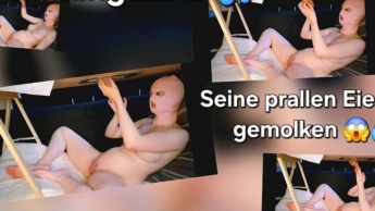 Milking table! Hot handjob NAKED under the milking table!