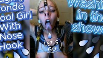 Washing in the Shower. Naughty Blonde Girl With Nose Hook