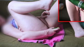 Trans girl fucks herself with a zucchini and plays with her hot dick