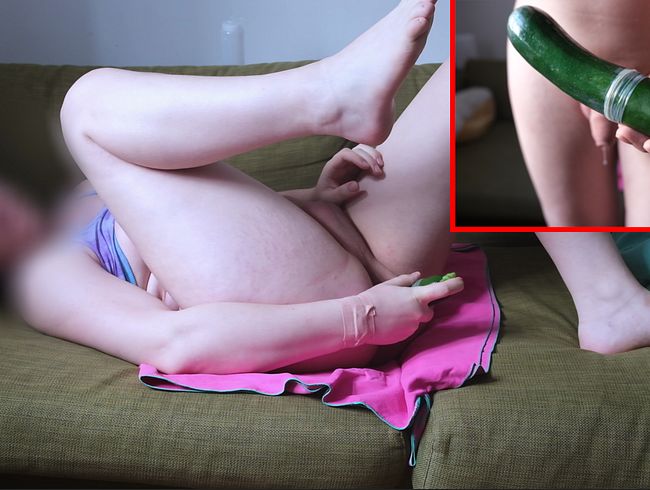 Trans girl fucks herself with a zucchini and plays with her hot dick