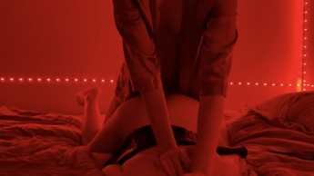 I bring her to orgasm, gag her so she doesn’t moan so loudly, in doggy style.