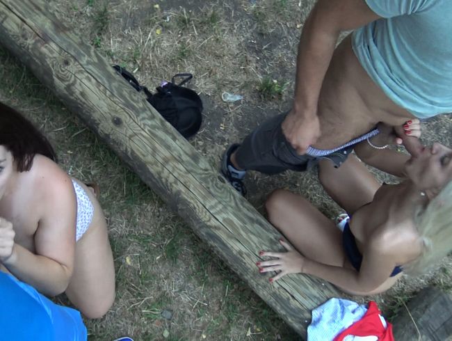 Barbecue area fuck alert! Two sluts vs. two hard cocks!