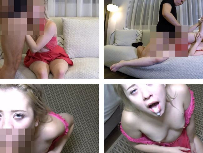 Horny teen in pink outfit without a rubber fucked on the sofa. Facial; to swallow. Part 2.